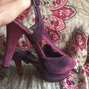 Suede peep toe sling backs by NINE WEST